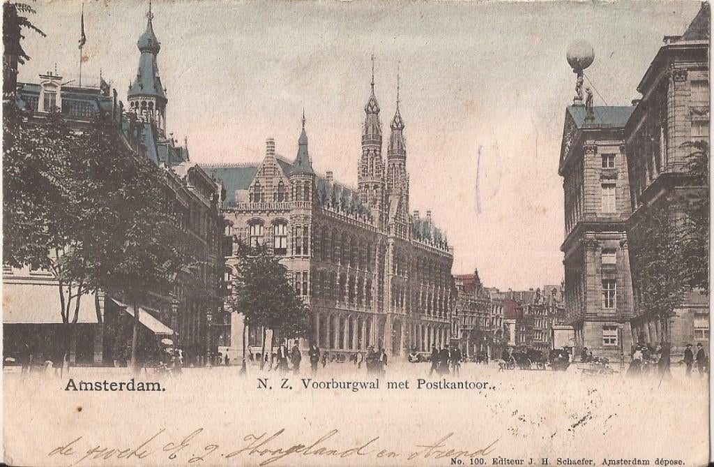 Amsterdam N.Z. Voorburgwal met Postkantoor 1904 Schaefer, Ophalen of Verzenden, Voor 1920, Ongelopen, Noord-Holland