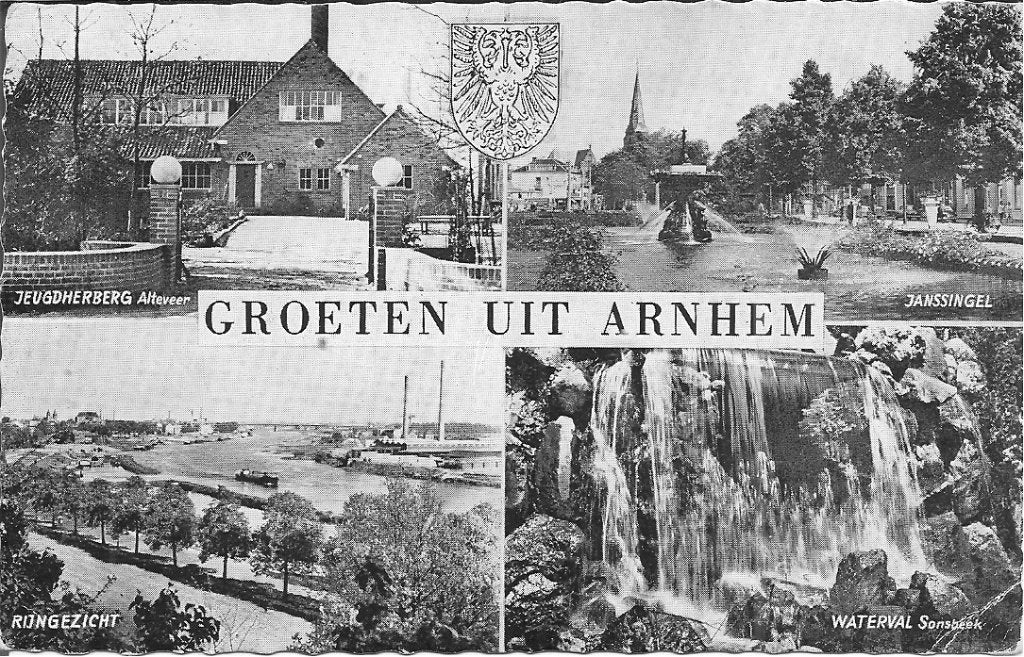 Oude ansichtkaart Groeten uit Arnhem (1940-1960), Ophalen of Verzenden, 1960 tot 1980, Gelopen, Gelderland