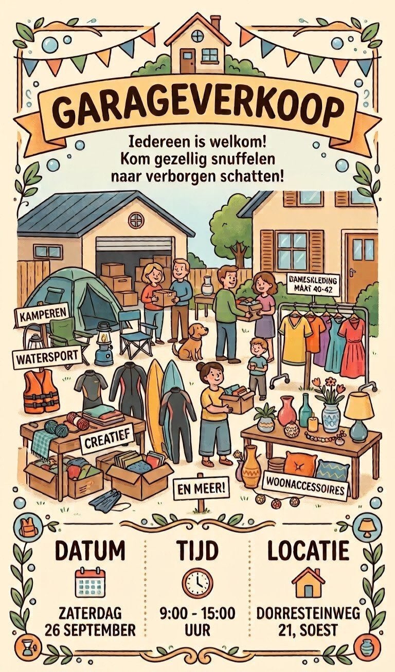 Garageverkoop: kleding, hobby, woonaccessoires & meer, Ophalen, Zo goed als nieuw