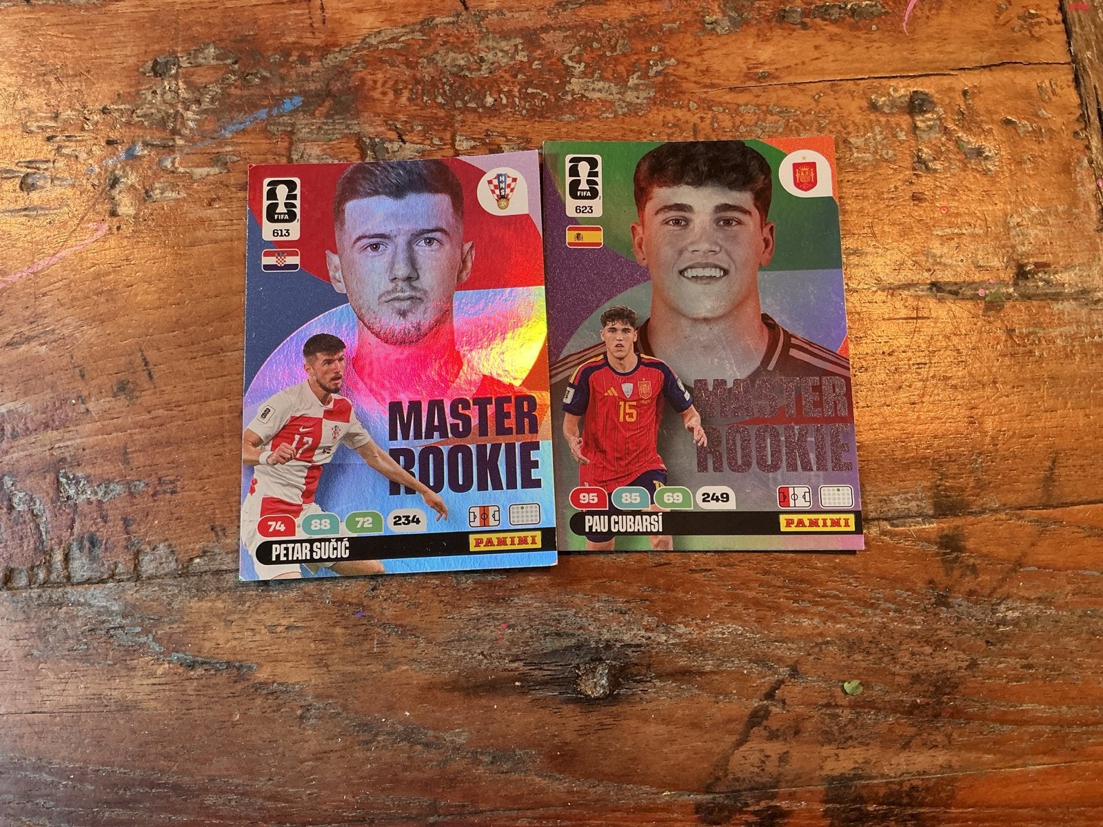 Panini WK Master Rookie kaarten - Petar Sucic & Pau Cubarsi, Ophalen of Verzenden, Zo goed als nieuw, Overige sporten, Spelerskaart