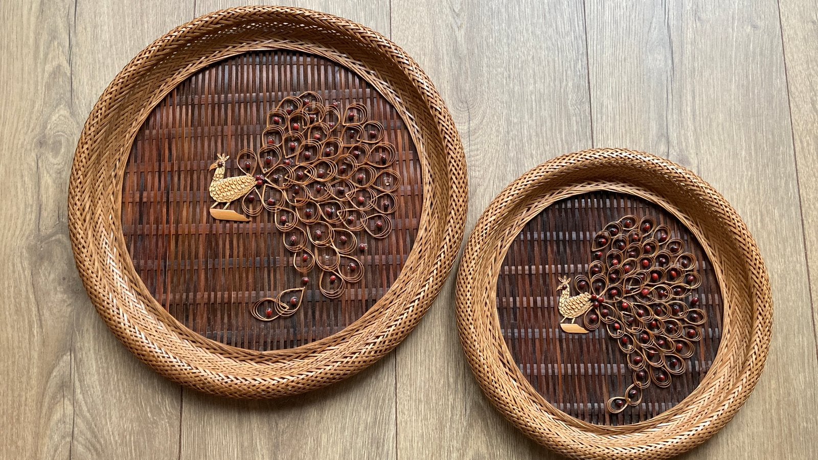 Vintage bamboe pauw wanddecoratie - boho rotan decoratie, Ophalen of Verzenden
