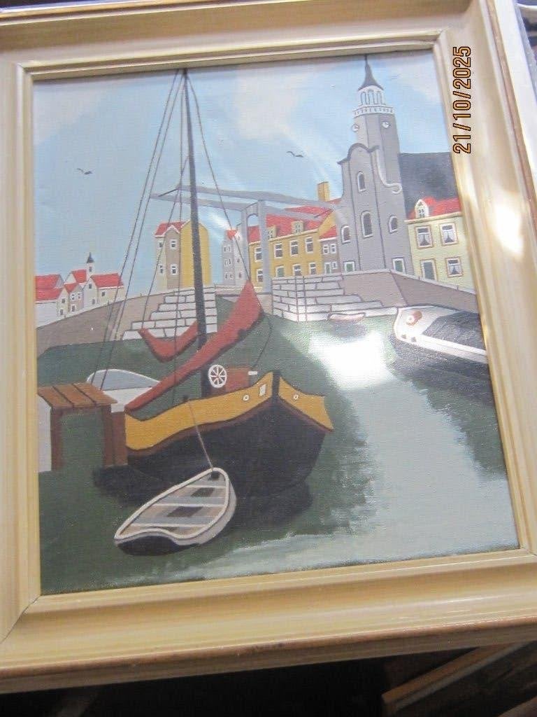 Naieve/ Tekening/aquarel Delfshaven met Pelgrim Kerk, Antiek en Kunst, Ophalen of Verzenden