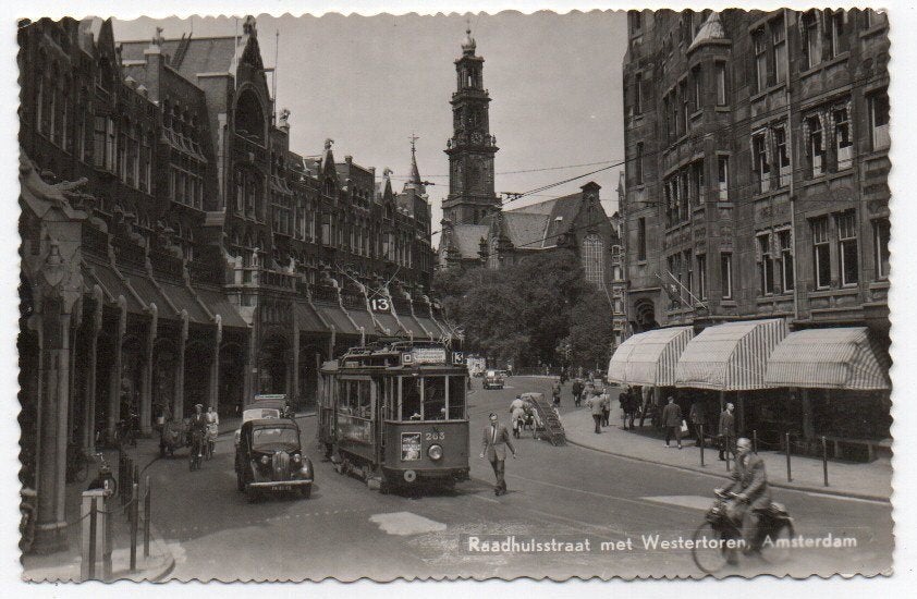 Amsterdam Raadhuisstraat Westertoren 1954, Verzamelen, Ophalen of Verzenden, 1940 tot 1960, Noord-Holland