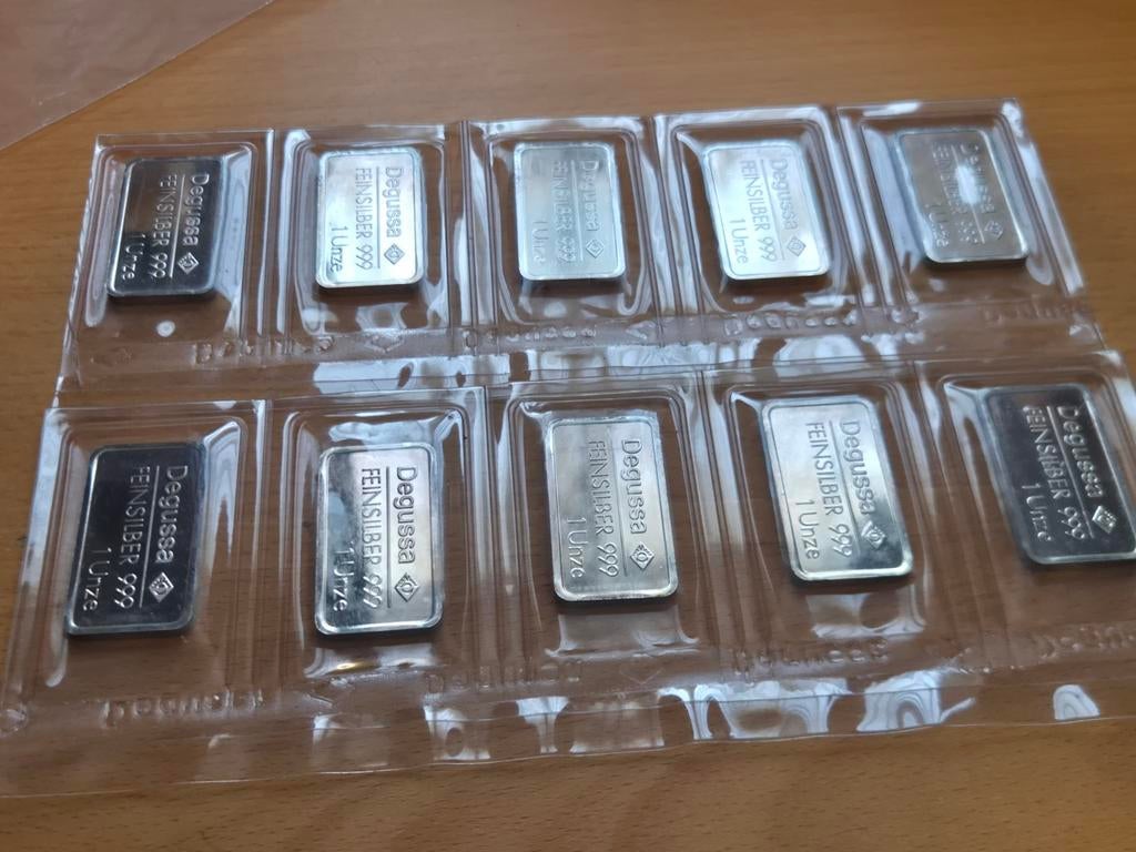 Degussa: 10 x 1 oz zilverbaar. Vintage Silver Bar. Zilver., Postzegels en Munten, Edelmetalen en Baren, Ophalen of Verzenden, Zilver