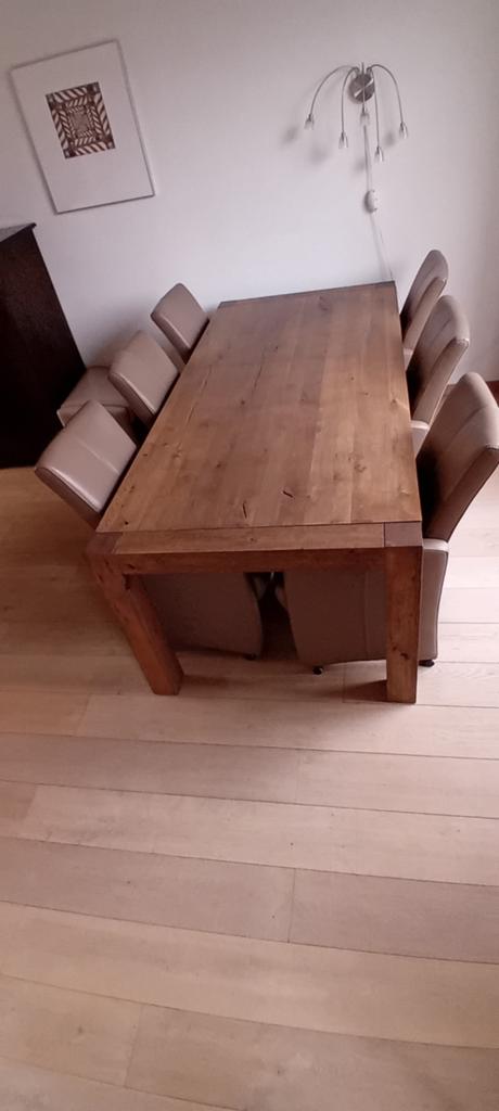 Zespersoons eethoek met lederen stoelen, Ophalen, Gebruikt, 200 cm of meer, 50 tot 100 cm