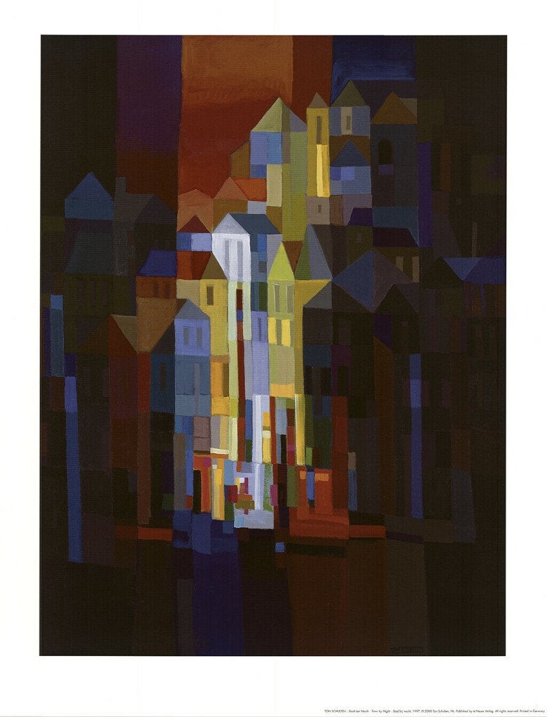 Ton Schulten(1938) Gr Kunstdruk Affiche " Stad in de Nacht ", Antiek en Kunst, Kunst | Litho's en Zeefdrukken, Ophalen of Verzenden