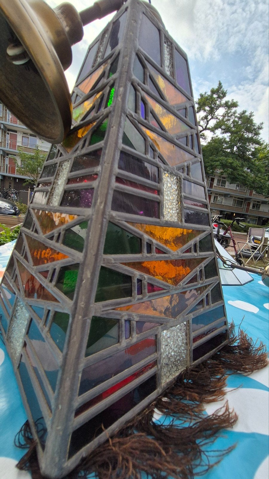 Vintage Tiffany Hanglamp - Art Deco glas in lood met franjes, Antiek en Kunst, Ophalen