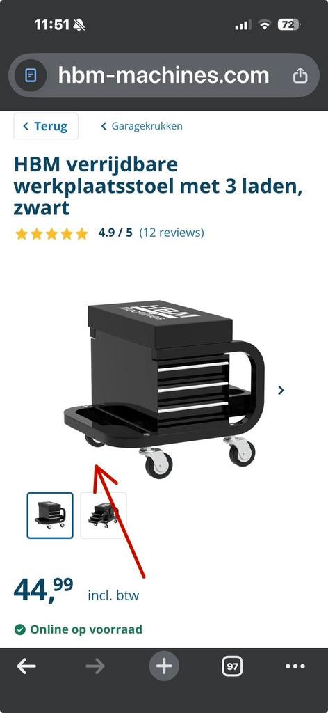 HBM verijdbare werkplaats stoel, Ophalen of Verzenden
