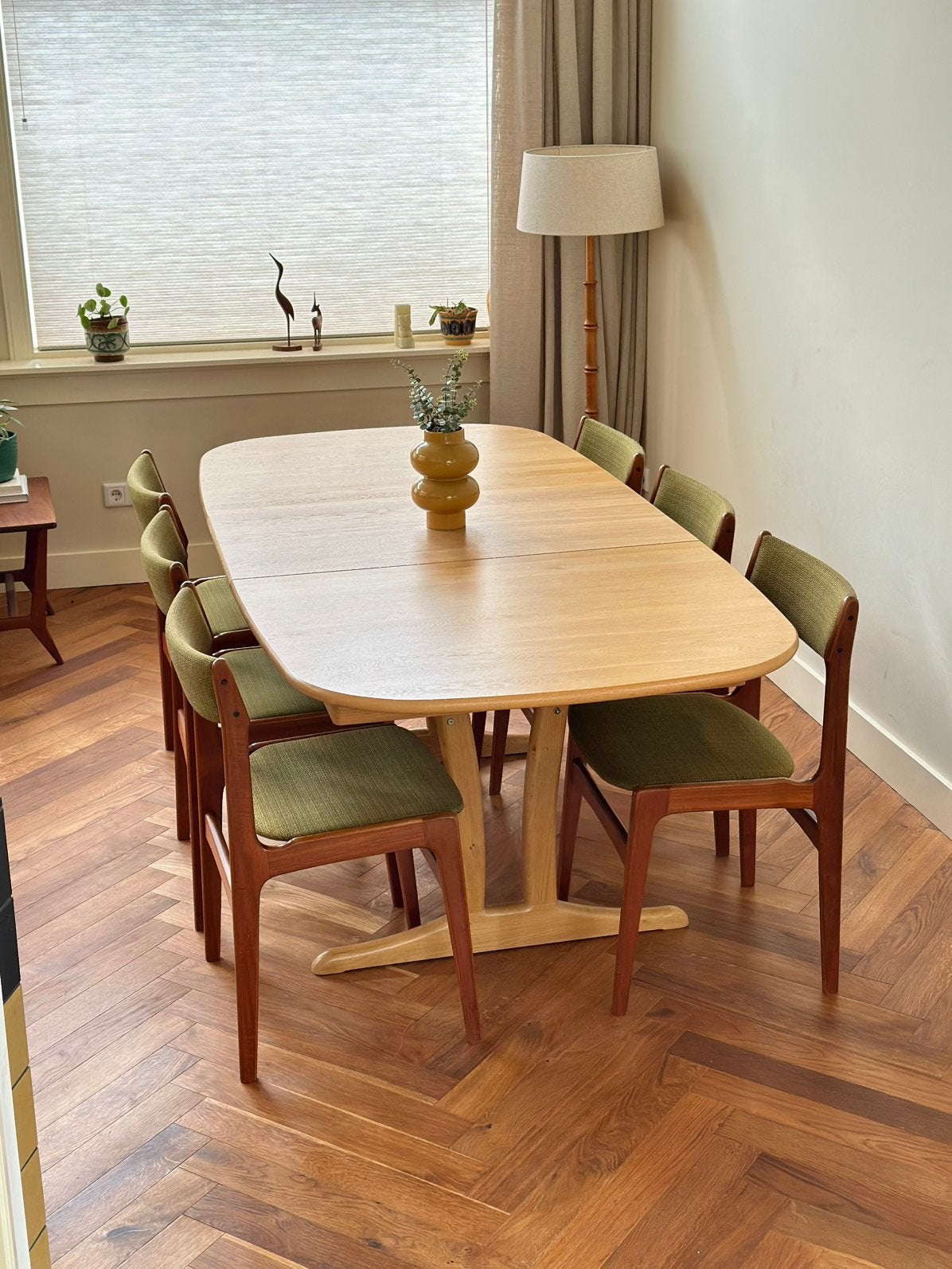 Vintage eetkamertafel Deens eiken hout jaren 50/60/70, Ophalen, Gebruikt, 200 cm of meer, 50 tot 100 cm