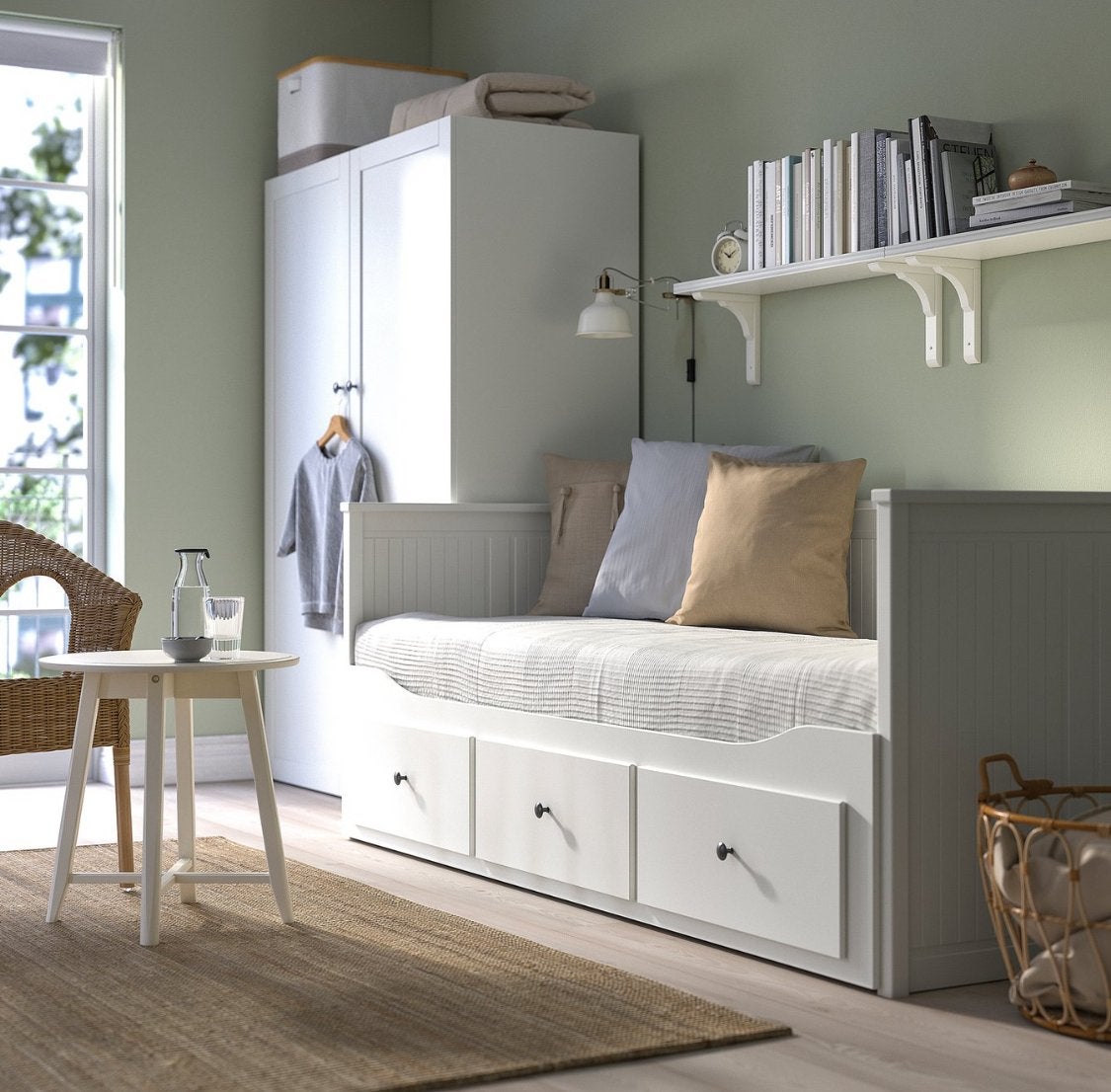 IKEA Hemnes Bedbank met 3 lades - Wit, Gebruikt, 70 tot 85 cm, Ophalen of Verzenden, Lattenbodem