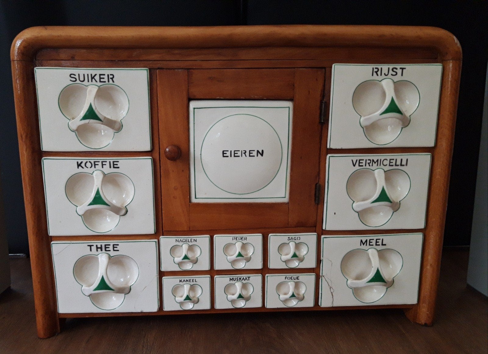 Vintage kruidenrek compleet met porseleinen bakjes, Ophalen of Verzenden, Gebruikt