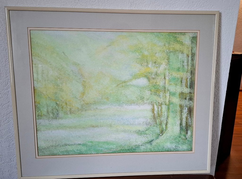 Aquarel van Evert Slegers, Bosgezicht, ingelijst 84x71 cm, Ophalen of Verzenden, Landschap, Aquarel, Papier