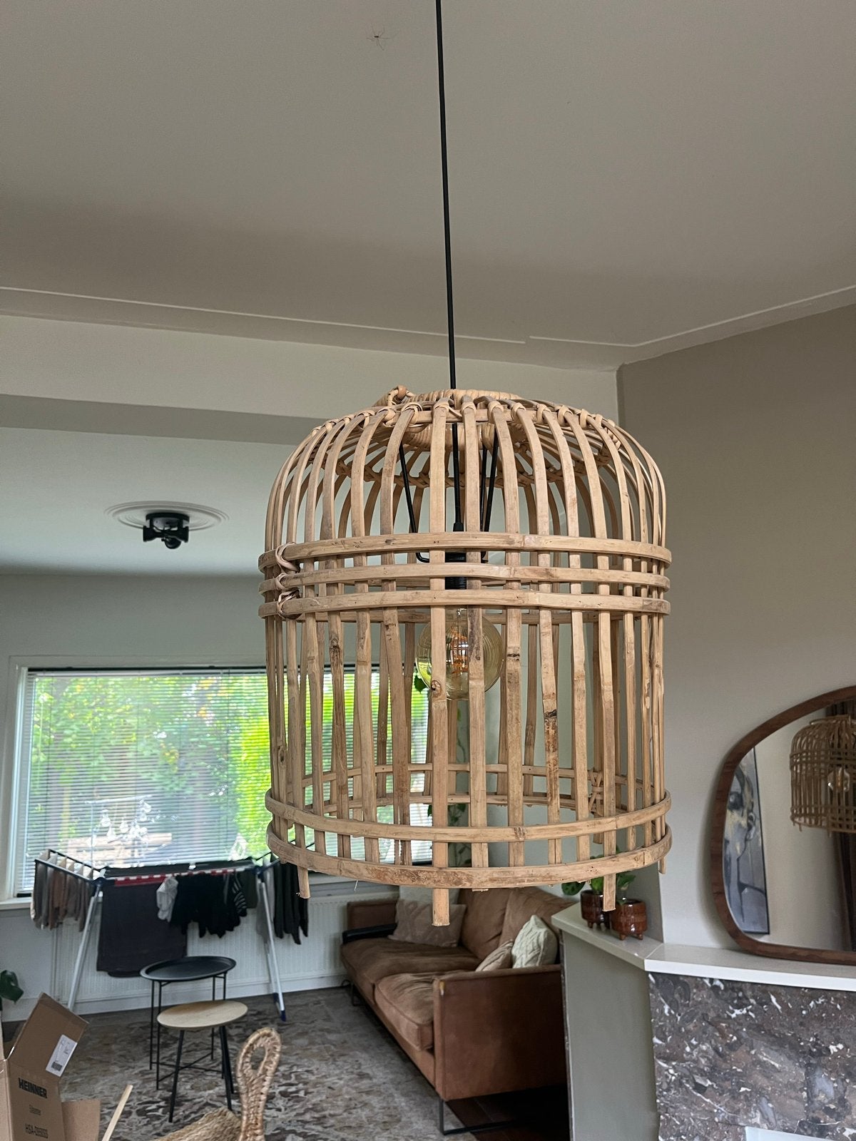 bamboe lampenkap - Hanglamp, Bruin, Natuurlijk materiaal, Rond, Zo goed als nieuw