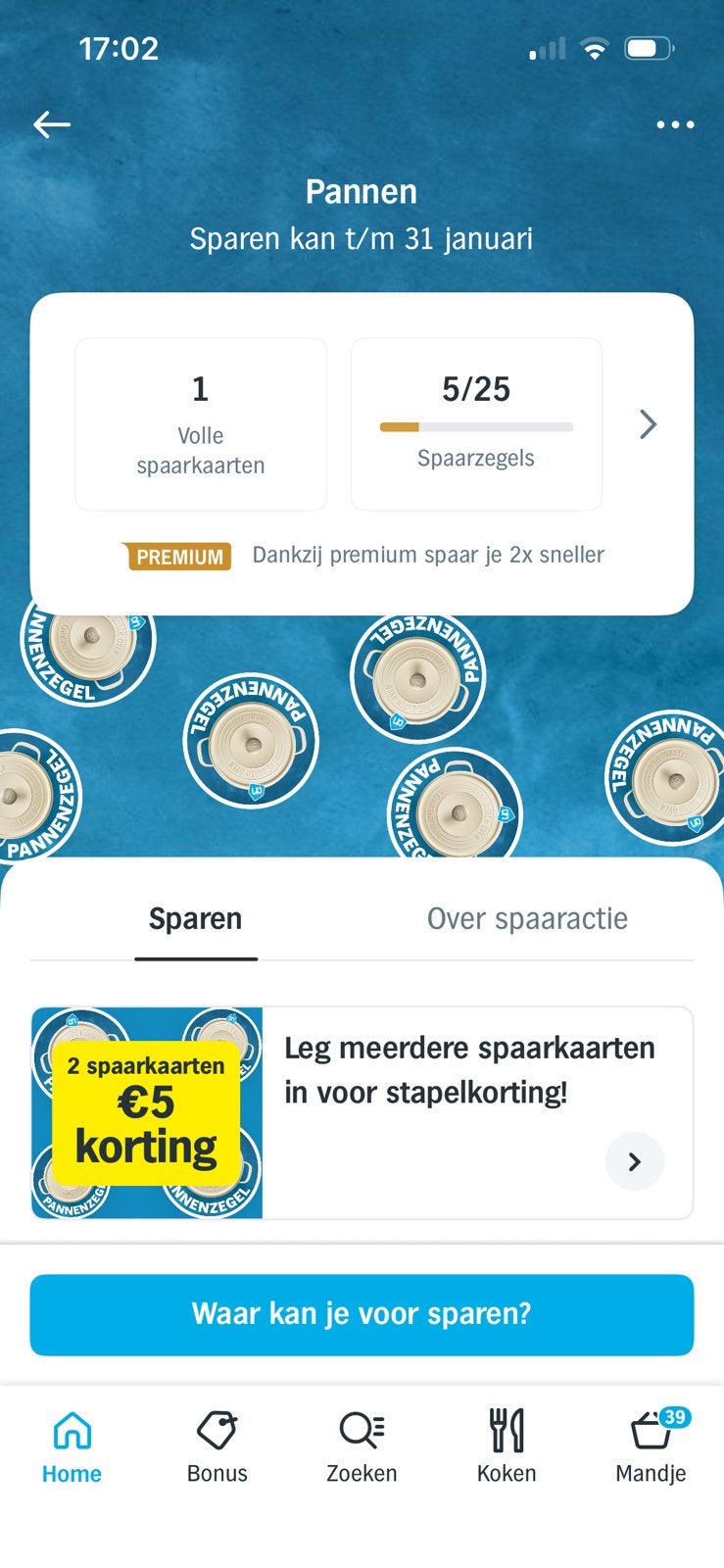 1 volle spaarkaart AH Pannen zegels €5 per stuk, Verzamelen, Albert Heijn, Ophalen of Verzenden