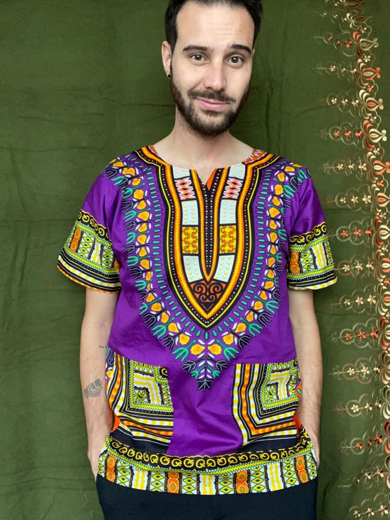 Dashiki shirt - paars - meerkleurig - African - M/medium, Hgv, Ophalen of Verzenden, Gedragen, Hgv