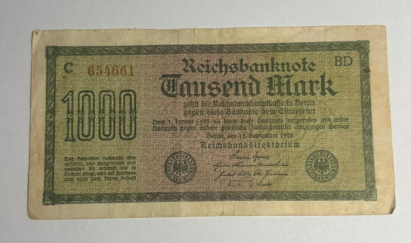 Duitsland Reichsbanknote 1000 Mark - 1922, Ophalen of Verzenden, Duitsland, Los biljet