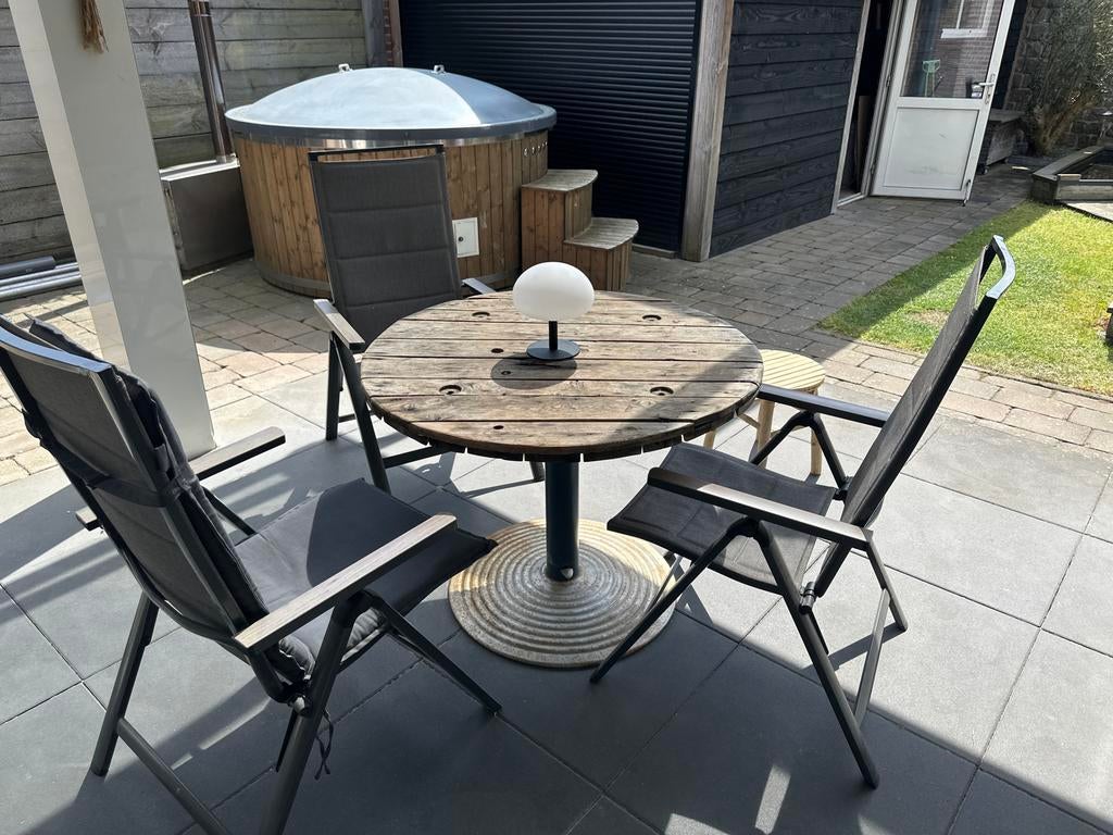 Hydraulische sta/zit tafel - Houten blad, Tuin en Terras, Ophalen, Gebruikt, Rond, Hout
