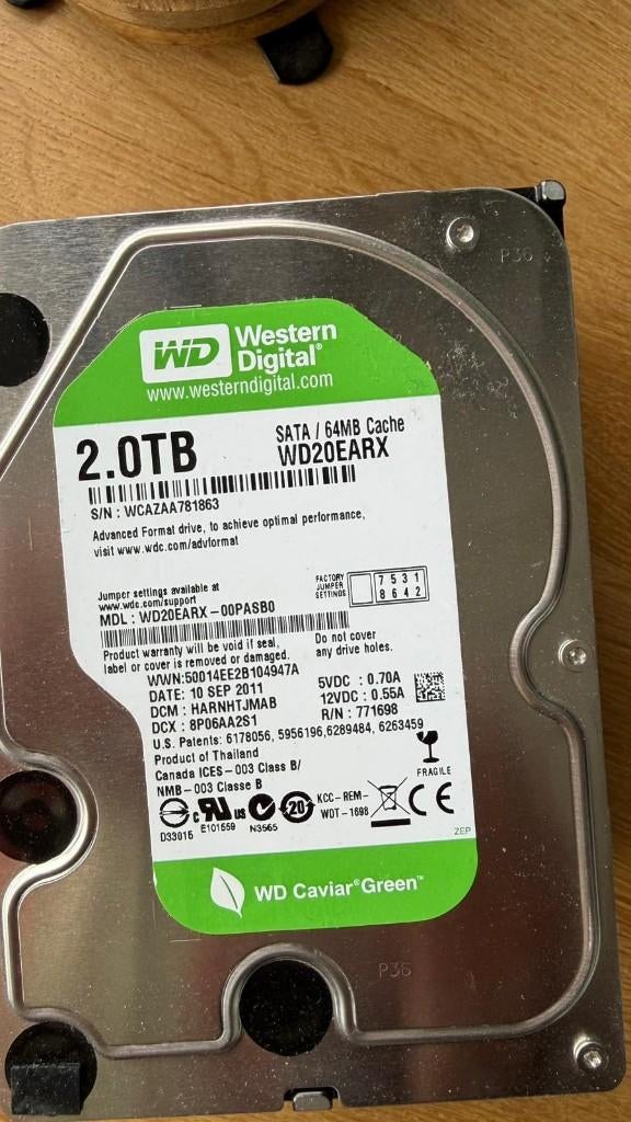 3x WD Caviar Green 2.0TB WD20EARX, Computers en Software, Harde schijven, Ophalen, Intern, Gebruikt, Western Digital (WD)