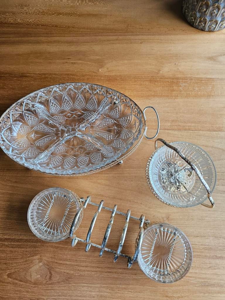 Vintage Glas en Plate Zilver Set: Suikerpot, Toastrek, Schaa, Ophalen of Verzenden