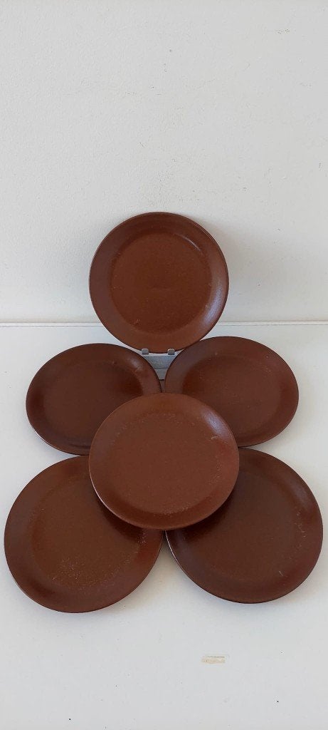 6x Vintage Városlőd Hongarije ontbijt borden bruin majolica, Eu, Gebruikt, Overige merken, Eu
