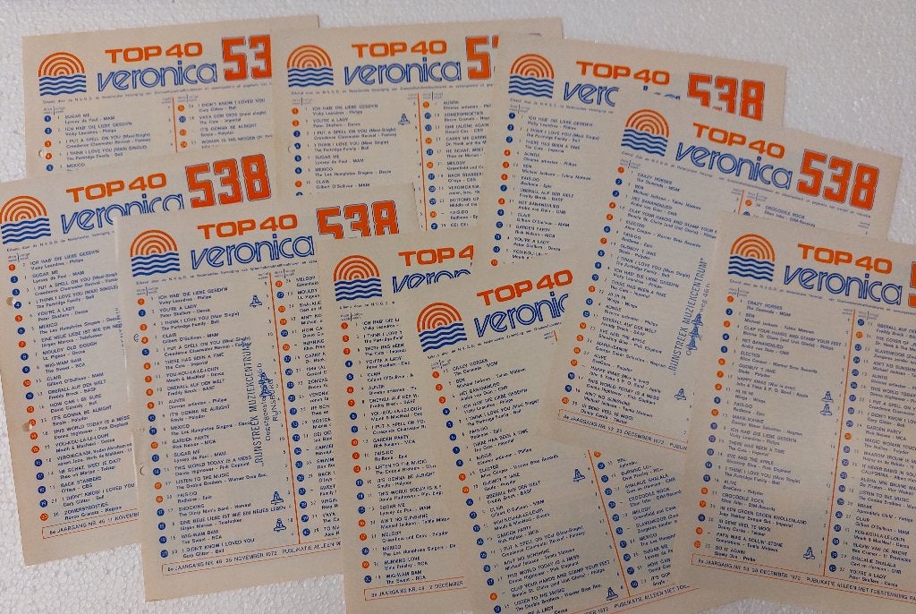 Top 40 velletjes Radio Veronica 1972 - 9 stuks, Verzamelen, Muziek, Artiesten en Beroemdheden, Gebruikt, Top 40, Ophalen of Verzenden