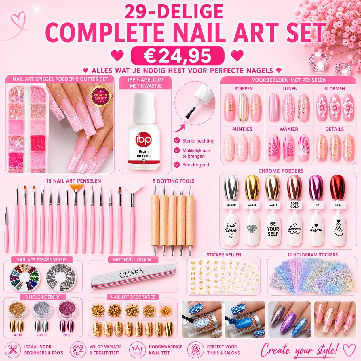 Nail Art Set 29-delig | Nagels | Biab | Acryl, Ophalen of Verzenden, Nieuw, Overige kleuren, Handen en Nagels