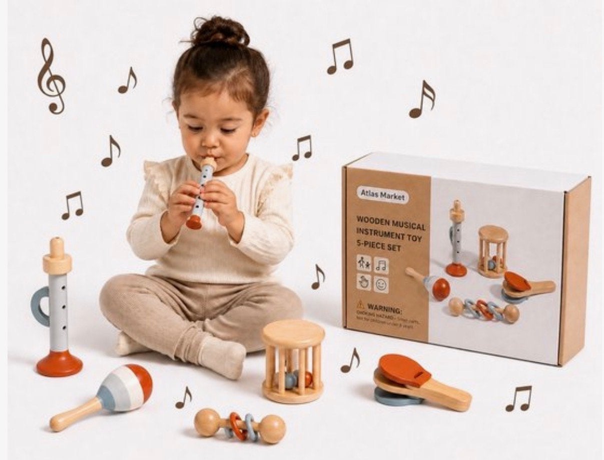 Houten Muziekinstrumenten Kind 5-delig Montessori Speelgoed, Ophalen of Verzenden, Nieuw, Overige typen, Met geluid