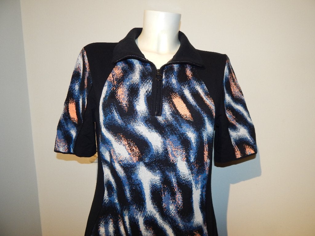Marccain gevlamde jurk koele kleuren combinatie ritsje hals4, Maat 38/40 (M), Knielengte, Gedragen, Marccain
