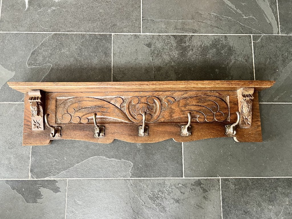 antieke kapstok eiken koperen haken, Gebruikt, Minder dan 100 cm, Hout, Ophalen