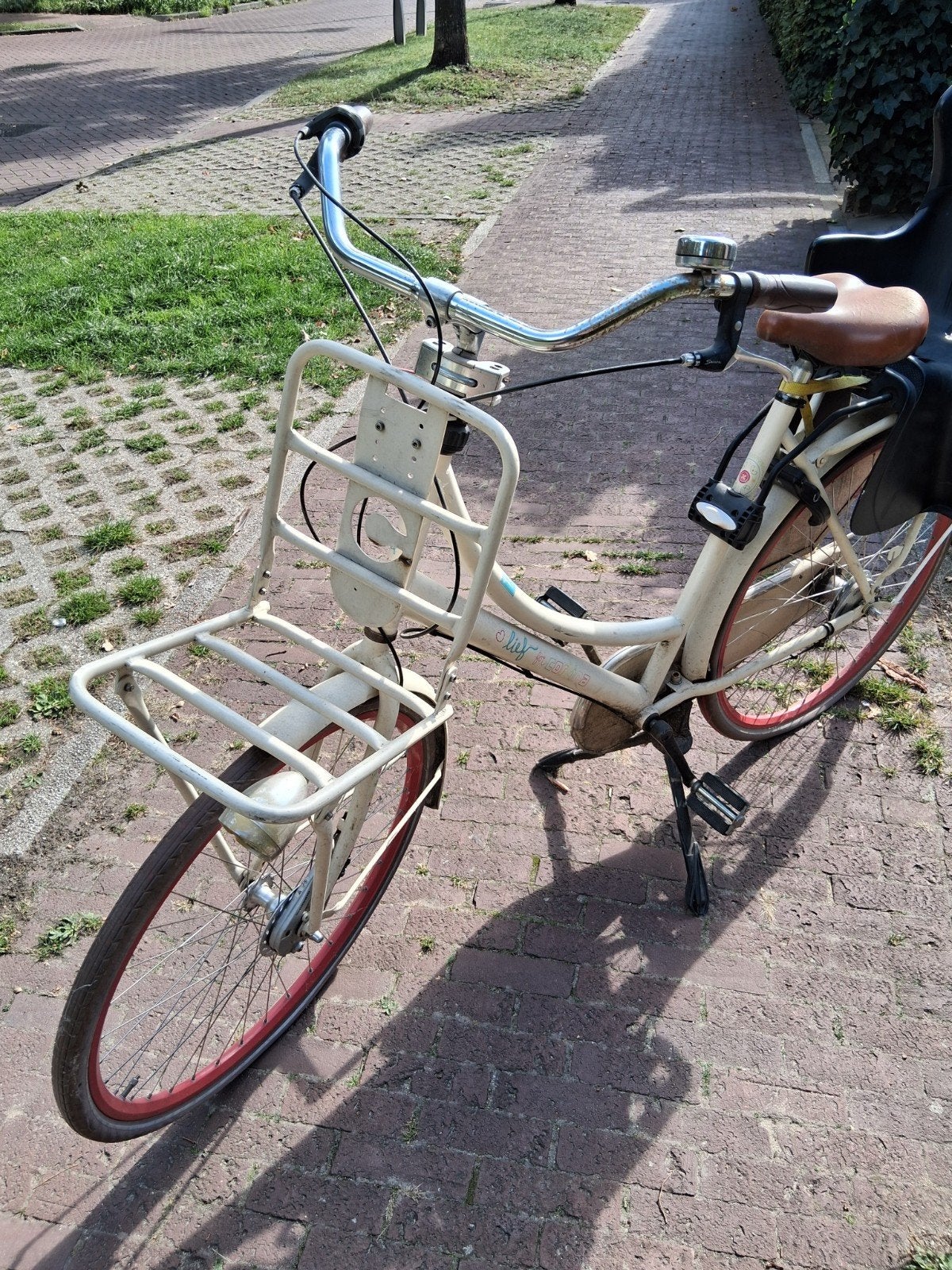 Damesfiets met kinderzitje en voordrager, Gebruikt, Velgrem, Versnellingen, 50 tot 53 cm