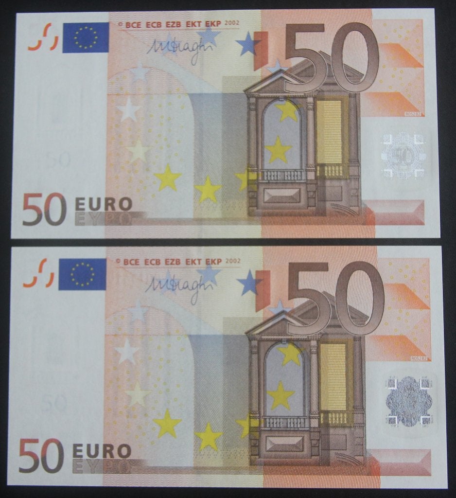 2x 50 euro 2002 EO1341023835(44)  print RO5282 UNC, Ophalen of Verzenden, Overige landen, 50 euro, Setje