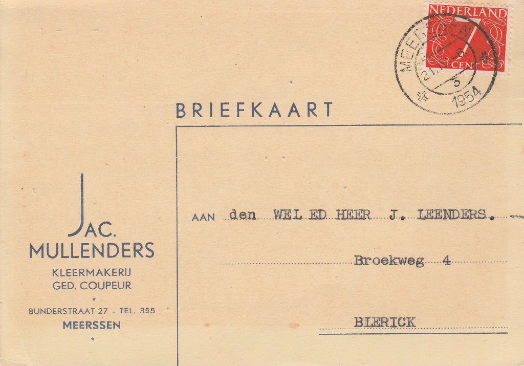 MEERSSEN 1954 Jac. MULLENDERS Kleermakerij Coupeur Bunderstr, Ophalen of Verzenden, Voor 1920, Gelopen, Limburg