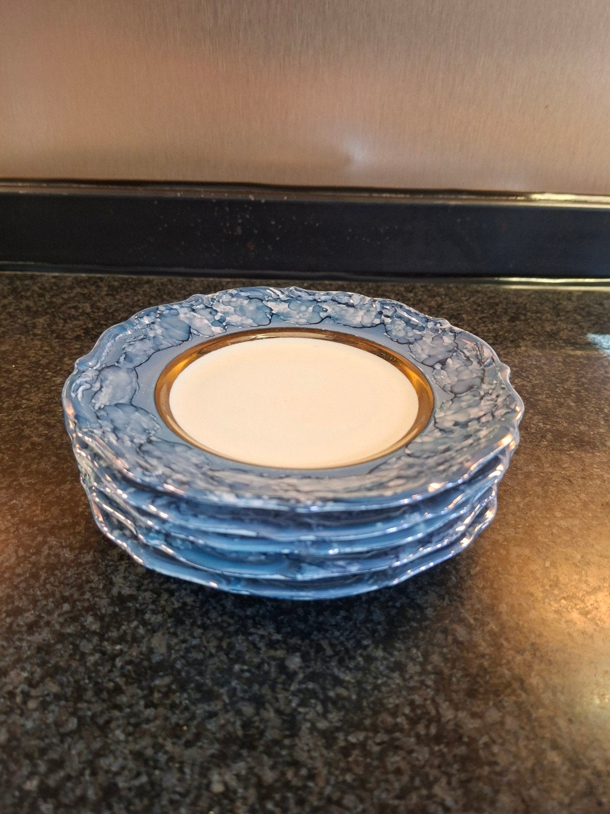 5 vintage Wałbrzych gebaksbordjes 17 cm – blauw/goud, Ophalen of Verzenden