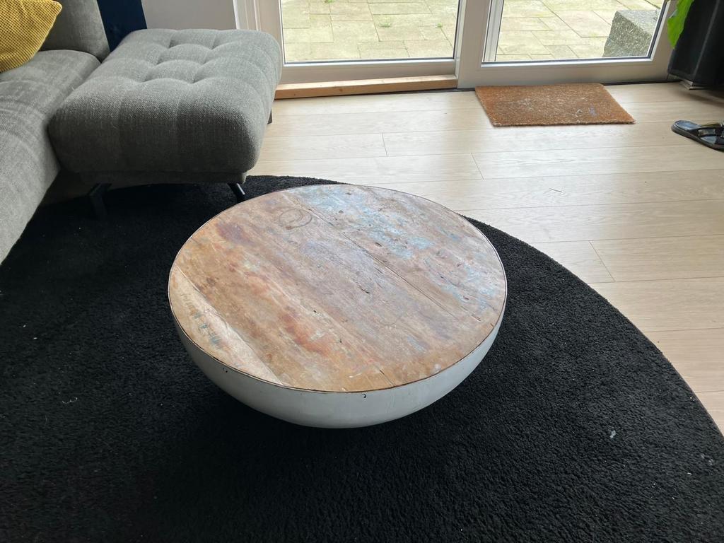 Hippe salontafel halve bol metaal met houten blad - Ø 60 cm, Huis en Inrichting, Tafels | Salontafels, Gebruikt, 50 tot 100 cm