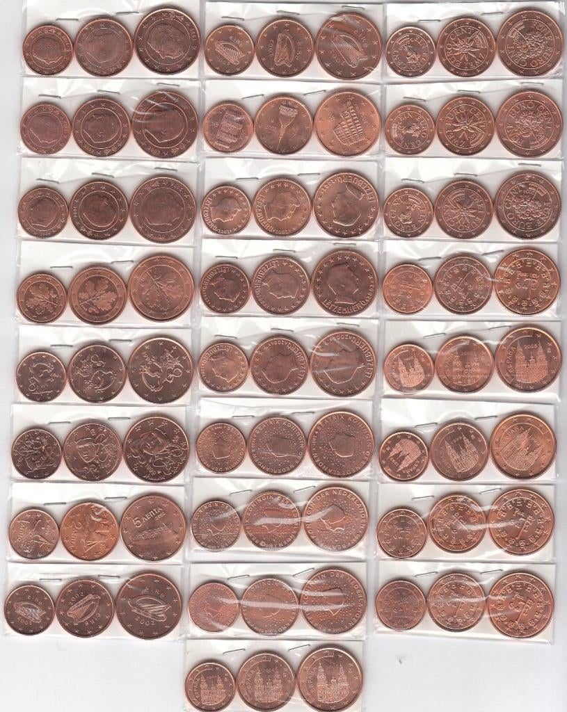 Europa collectie van 5x 25 verschillende 1, 2 en 5 eurocent, Ophalen of Verzenden, Overige landen, Overige waardes, Setje