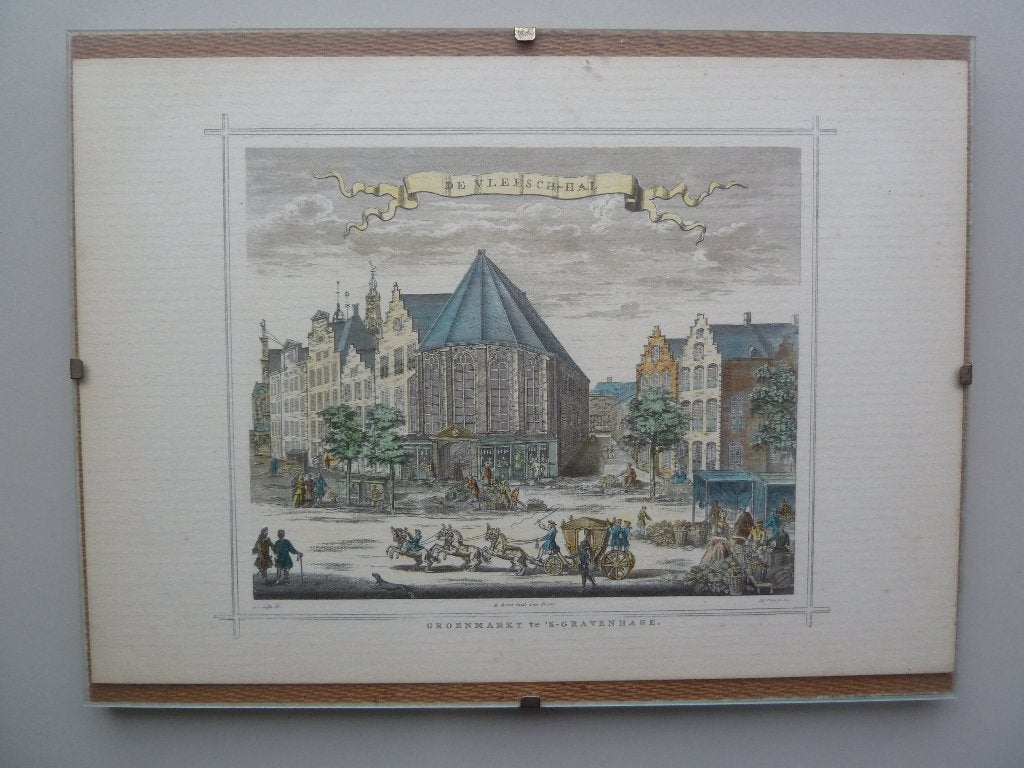 oude prent Groenmarkt te 's-Gravenhage, Antiek en Kunst, Kunst | Etsen en Gravures, Ophalen of Verzenden