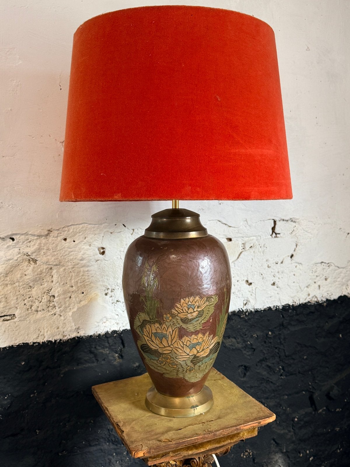 vintage antieke messing cloisonné tafellamp rode velvet kap, Rood, Ophalen, Gebruikt, Vintage