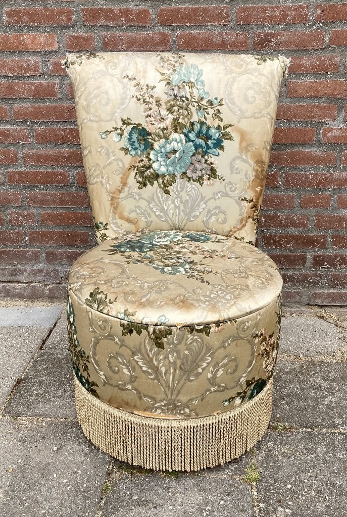 Brocante houten opbergstoel - naaistoel in Boudoir Stijl, Huis en Inrichting, Stoelen, Ophalen, Gebruikt, Overige kleuren, Stof