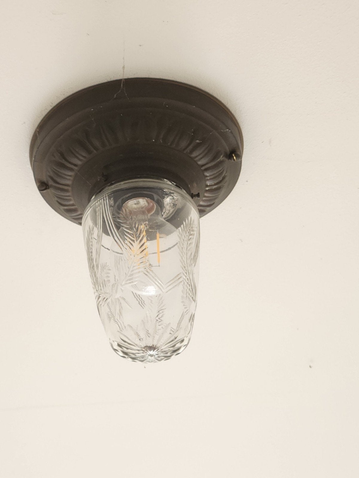 Vintage plafondlamp met geëtst glas, Antiek en Kunst, Ophalen