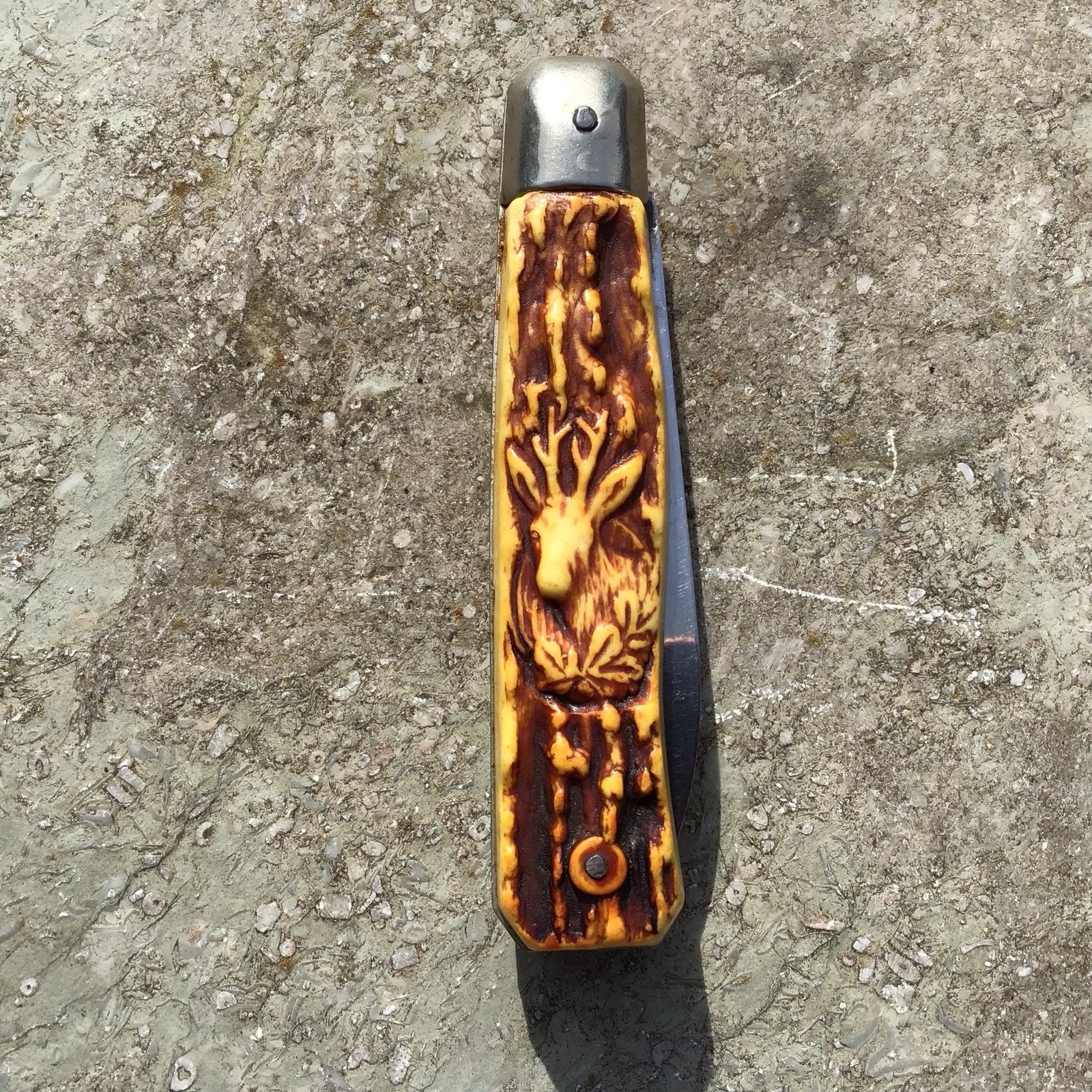 Vintage Solingen jachtzakmes met hert motief, Caravans en Kamperen, Kampeergereedschap, Ophalen, Gebruikt