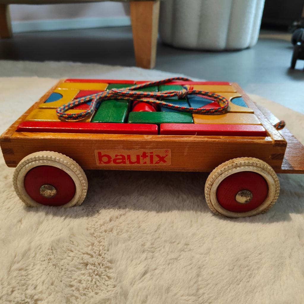 Vintage Baufix Houten Trekkar met Bouwblokken, Ophalen of Verzenden, Gebruikt, Duw- of Trekspeelgoed