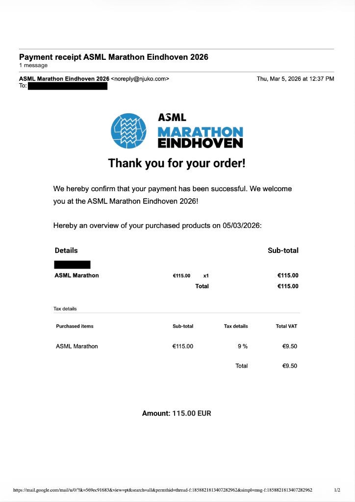 Startbewijs ASML Marathon Eindhoven, Sport en Fitness, Loopsport en Atletiek, Overige merken, Verzenden, Overige typen, Nieuw