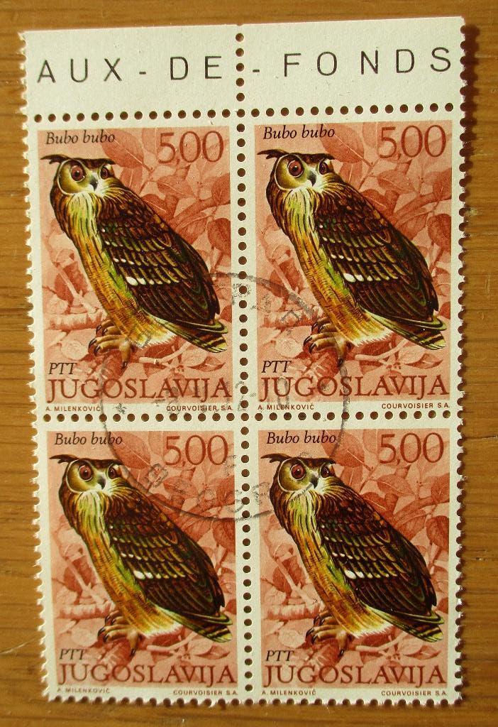 Joegoslavië, Oehoe in blokje van vier, Verzenden, Gestempeld, Dier of Natuur