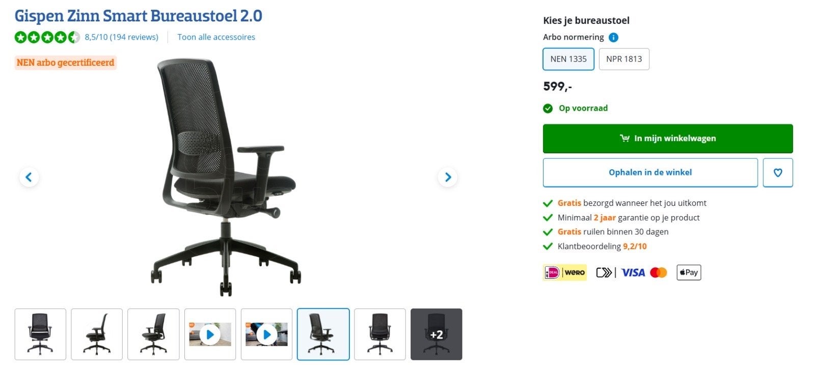 Gispen Zinn Smart Bureaustoel 2.0 - Ergonomisch Zwart, Zwart, Ophalen of Verzenden, Zo goed als nieuw, Bureaustoel