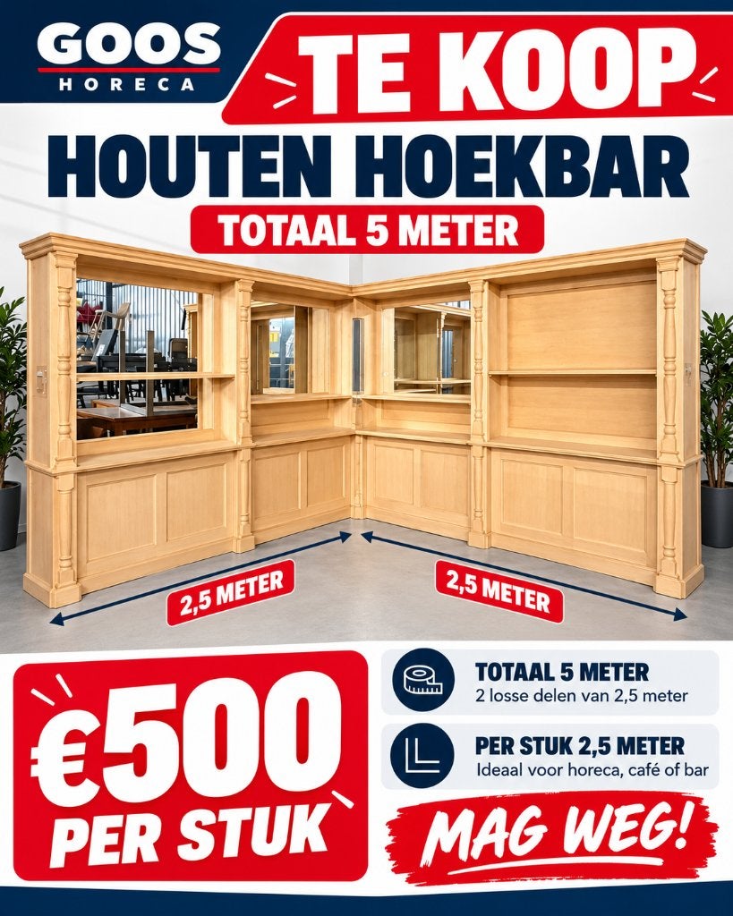 MOOIE HOUTEN HOEKBAR – TOTAAL 5 METER – MAG WEG!, Ophalen of Verzenden, Nieuw