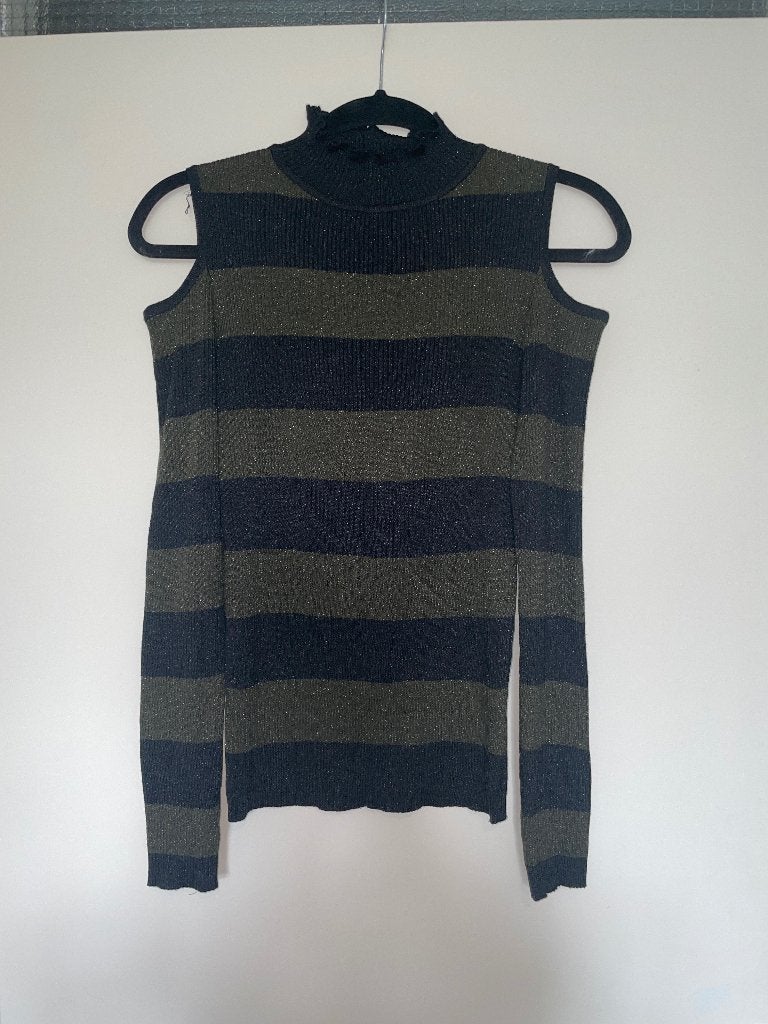 Zwart en groen gestreepte glitter longsleeve top mt M, Kleding | Dames, Tops, Maat 38/40 (M), Made in Italy, Zwart, Ophalen of Verzenden
