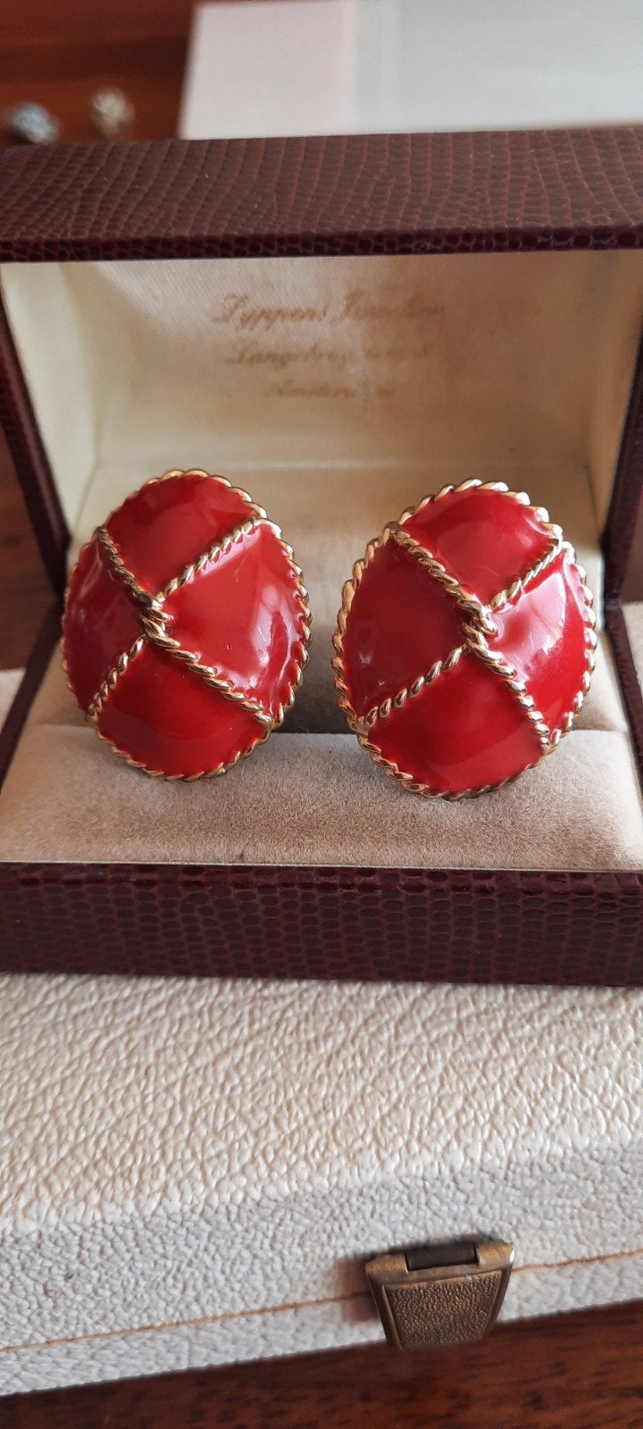 Vintage oorbellen ,emaille cloisonné rood,goudkleurig,Carven, Ophalen of Verzenden, Zo goed als nieuw, Rood, Overige materialen