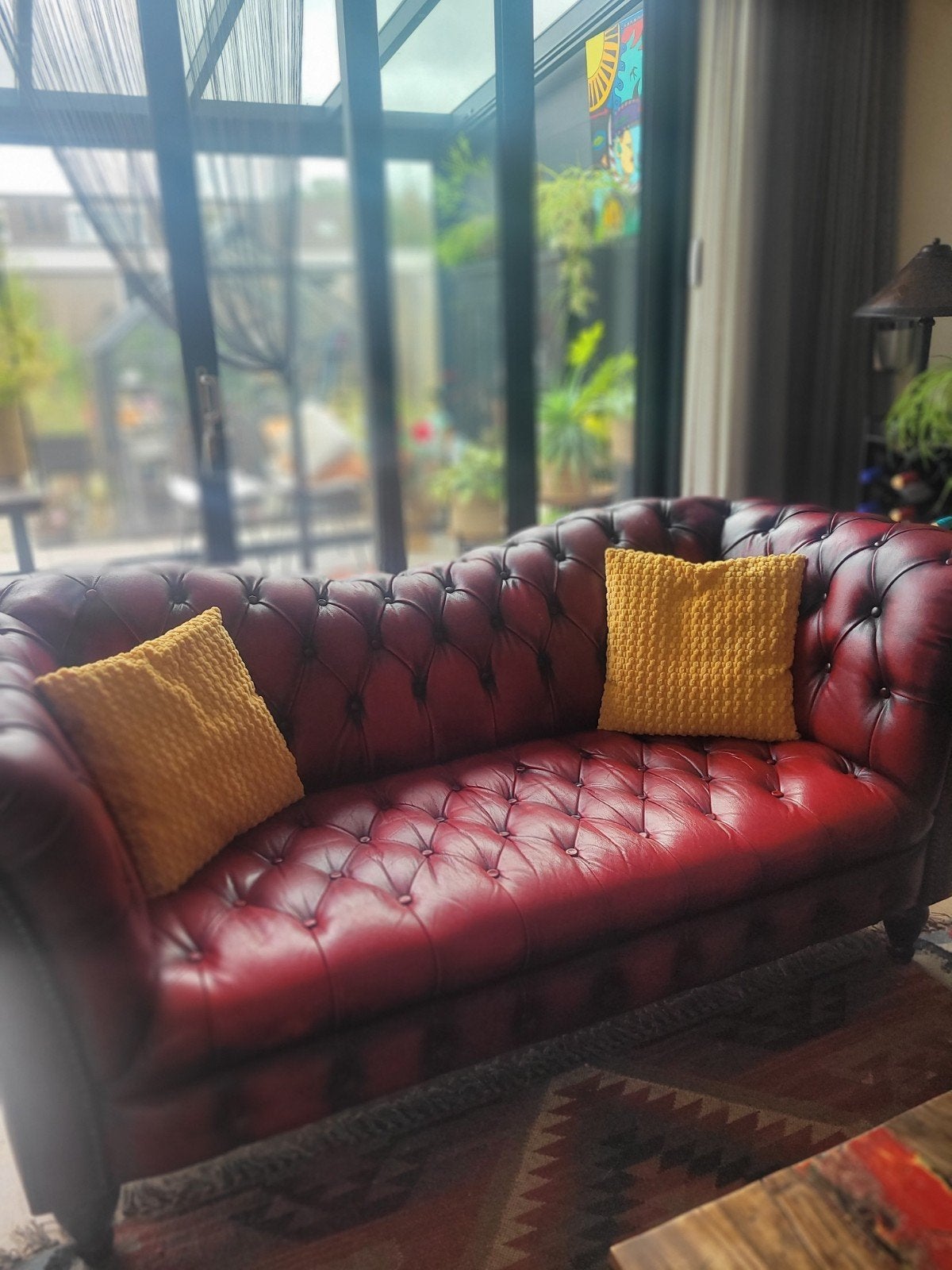 Chesterfield Vlinderbank - Antiek Bordeaux Rood Leer, Ophalen, Gebruikt, Driepersoons, Rechte bank
