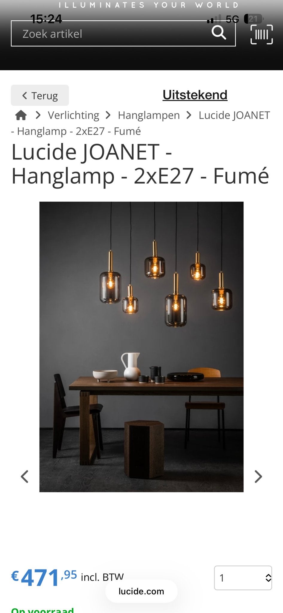 Lucide JOANET Hanglamp - 6x E27 - Fumé - Zo goed als nieuw, Ophalen, Zo goed als nieuw, Glas, E27 (groot)