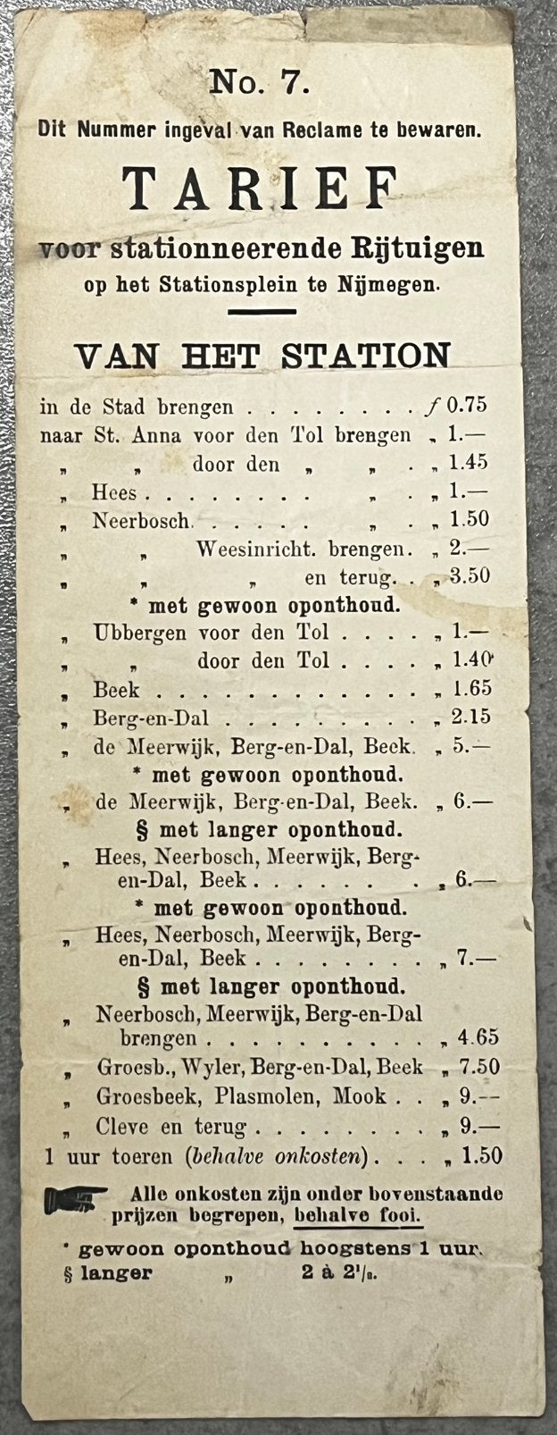 tarievenlijst paardetram koets station Nijmegen omstr. 1900, Ophalen of Verzenden, Gebruikt
